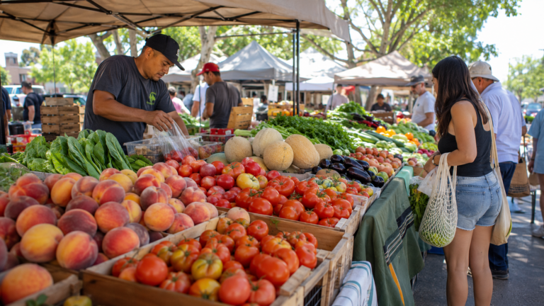 Fresh produce and shoppers at a Modesto farmers market in summer