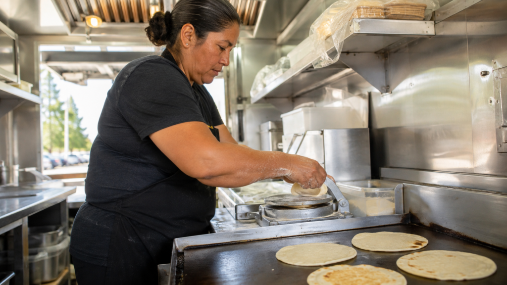 Fresh tortillas prepared inside a Modesto mobile food truck
