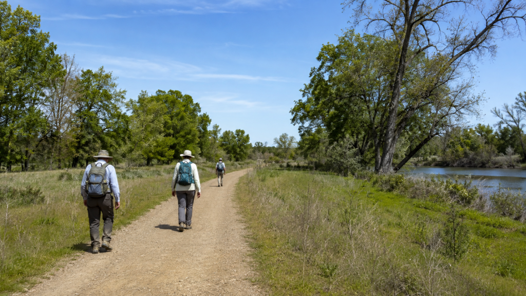 Hikers exploring a nature trail at Dos Rios State Park near Modesto