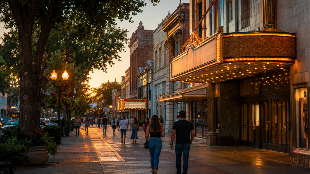 Historic downtown Modesto theater district during a summer evening