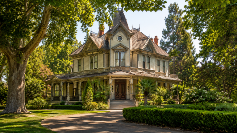 Ornate Victorian home with landscaped gardens and shade trees in Modesto