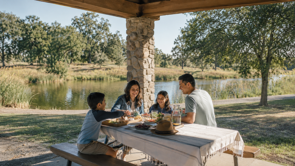 Shaded picnic area near water at Dos Rios State Park