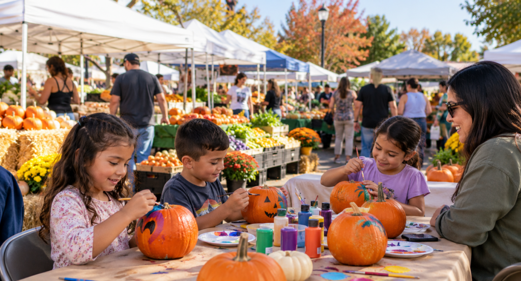 Children painting pumpkins at a fall farmers market in Modesto, California