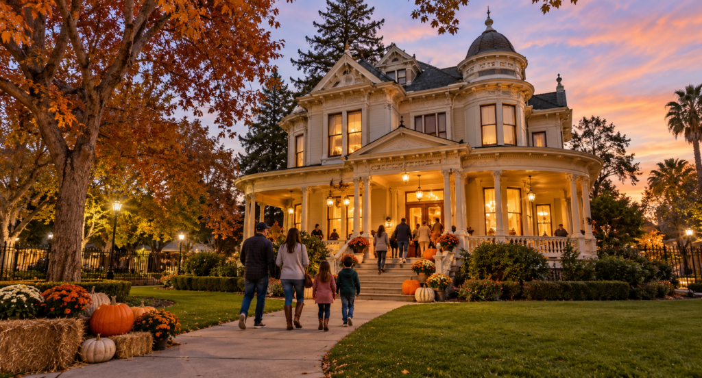 Families visiting a historic Victorian mansion decorated for fall in Modesto