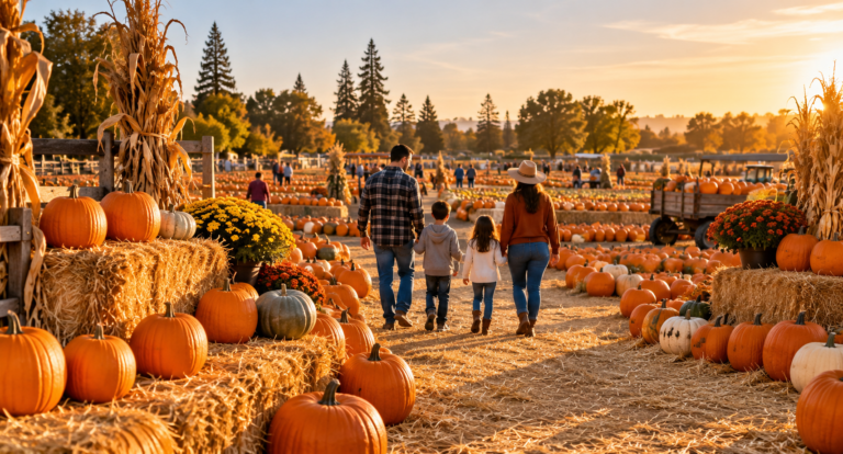 Family exploring a Central Valley pumpkin patch near Modesto during a fall sunset